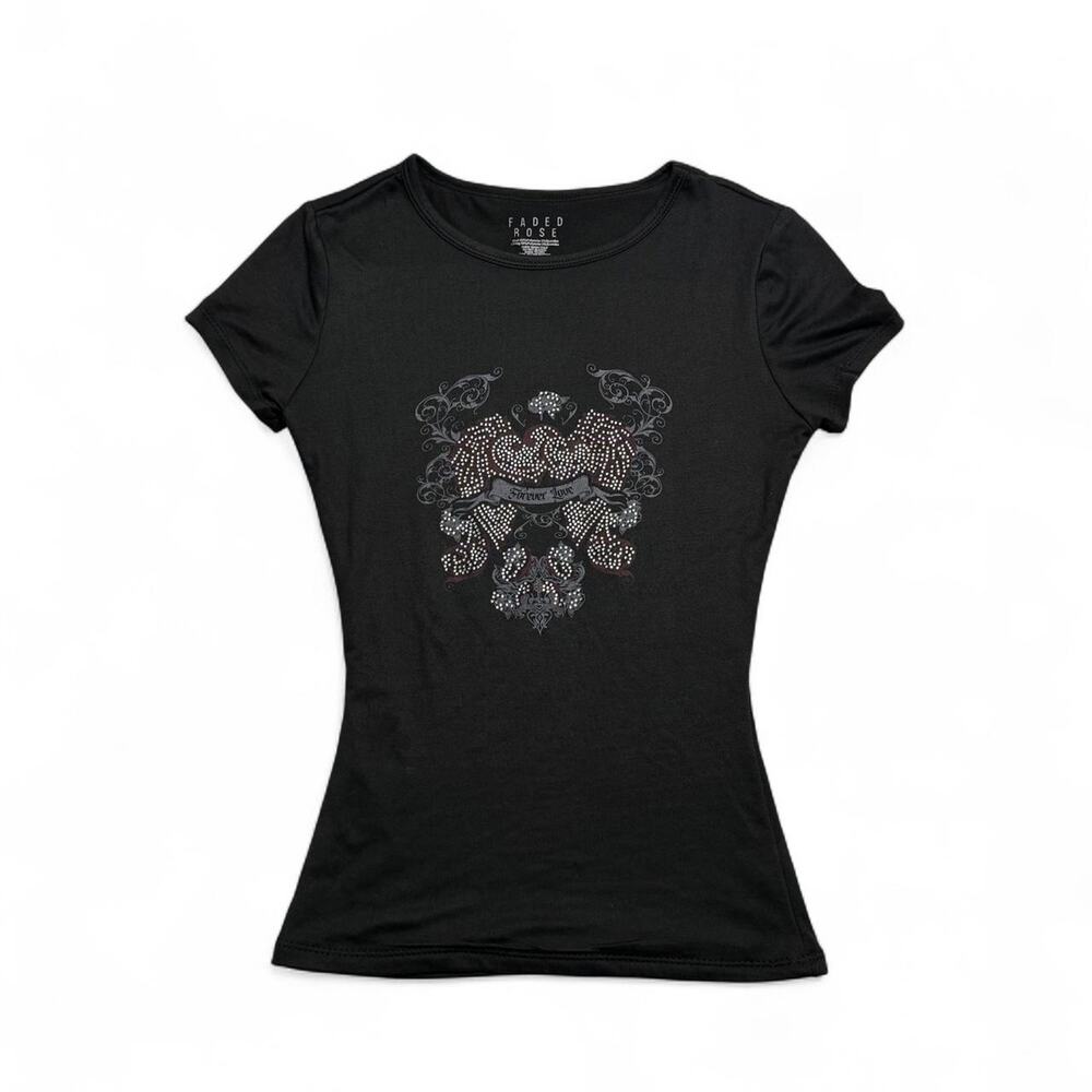 Black Y2K Mcbling Hearts Faded Love Black Short Sleeve Baby Tee Very Size M - Picture 4 of 7